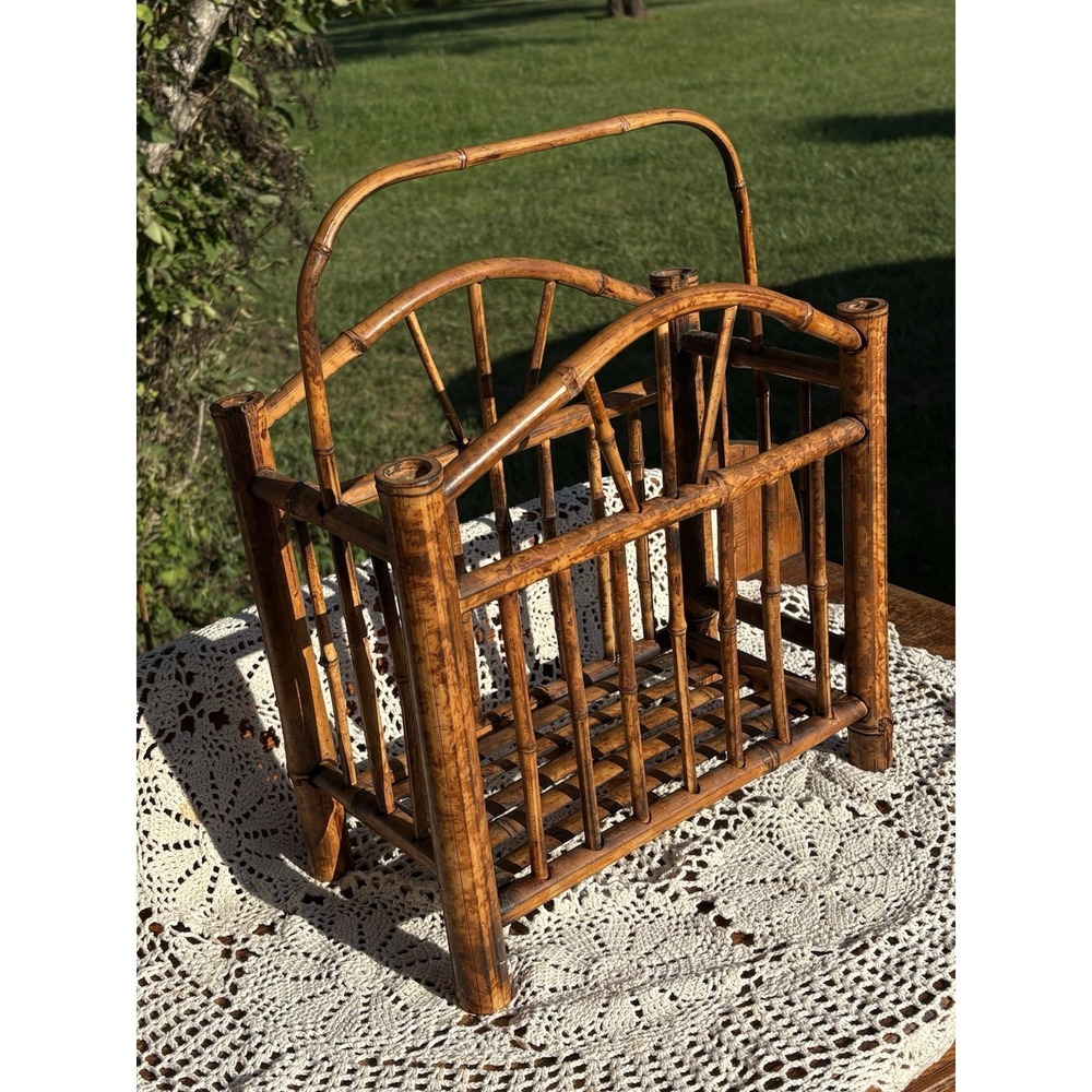 Vintage Bamboo Rattan MCM Magazine Rack Vinyl Storage Holder 14" Wide Boho Chic